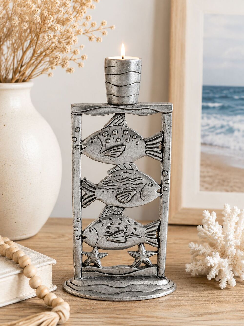 Vintage Pewter Fish Tea Light Candle Holder Coastal Nautical Ocean Decor 7"